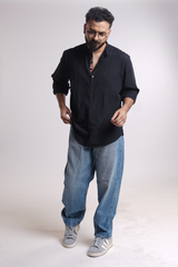 ATLAS : BLACK HANDWOVEN COTTON SHORT KURTA