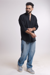 ATLAS : BLACK HANDWOVEN COTTON SHORT KURTA