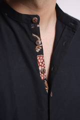 ATLAS : BLACK HANDWOVEN COTTON SHORT KURTA