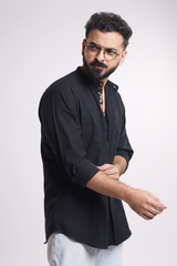ATLAS : BLACK HANDWOVEN COTTON SHORT KURTA