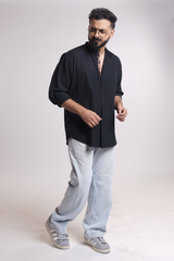 ATLAS : BLACK HANDWOVEN COTTON SHORT KURTA