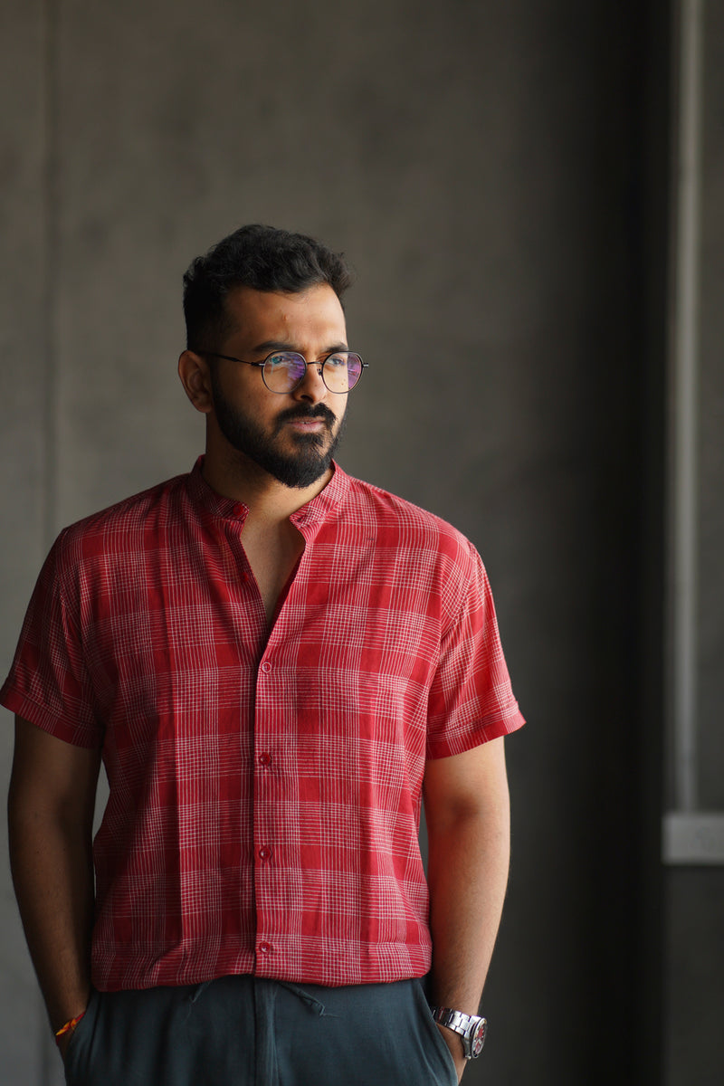 Blaze : Handwoven Cotton Red Half-sleeve Shirt