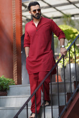 CRIMSON : Deep Red Handwoven Cotton Kurta Set