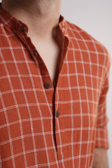 GOLDEN HOUR : Handwoven Cotton Orange checks Mid-Length Kurta