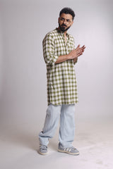 DAWN : Handwoven Cotton Green checks Mid-Length Kurta
