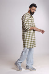 DAWN : Handwoven Cotton Green checks Mid-Length Kurta