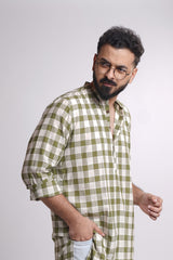 DAWN : Handwoven Cotton Green checks Mid-Length Kurta