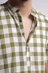 DAWN : Handwoven Cotton Green checks Mid-Length Kurta
