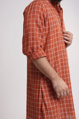 GOLDEN HOUR : Handwoven Cotton Orange checks Mid-Length Kurta
