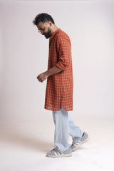 GOLDEN HOUR : Handwoven Cotton Orange checks Mid-Length Kurta