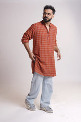 GOLDEN HOUR : Handwoven Cotton Orange checks Mid-Length Kurta