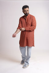 GOLDEN HOUR : Handwoven Cotton Orange checks Mid-Length Kurta