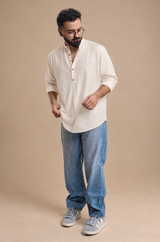 IVORY : CREAM HANDWOVEN COTTON SHORT KURTA