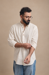 IVORY : CREAM HANDWOVEN COTTON SHORT KURTA