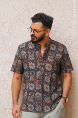 RAAHI : Blockprint Half-Sleeve henley shirt