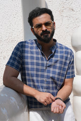 Koshi : Handwoven Cotton Blue checks Half-sleeve Shirt