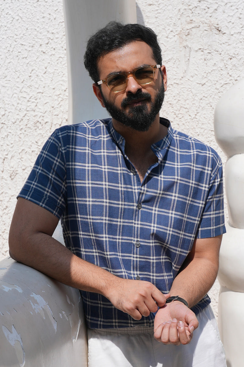 Koshi : Handwoven Cotton Blue checks Half-sleeve Shirt