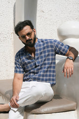 Koshi : Handwoven Cotton Blue checks Half-sleeve Shirt