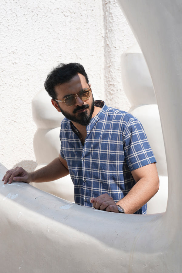 Koshi : Handwoven Cotton Blue checks Half-sleeve Shirt