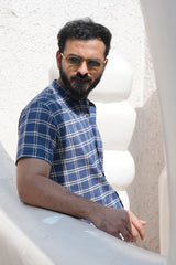 Koshi : Handwoven Cotton Blue checks Half-sleeve Shirt