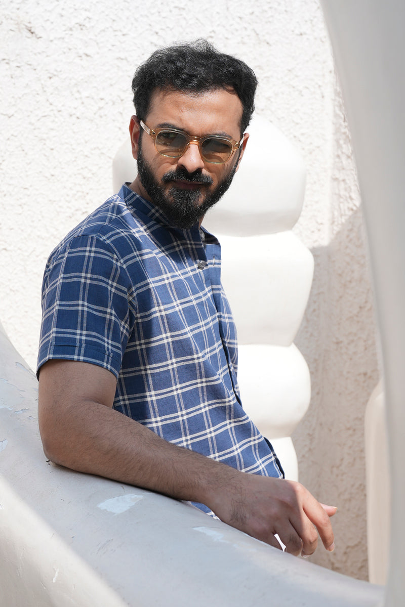 Koshi : Handwoven Cotton Blue checks Half-sleeve Shirt