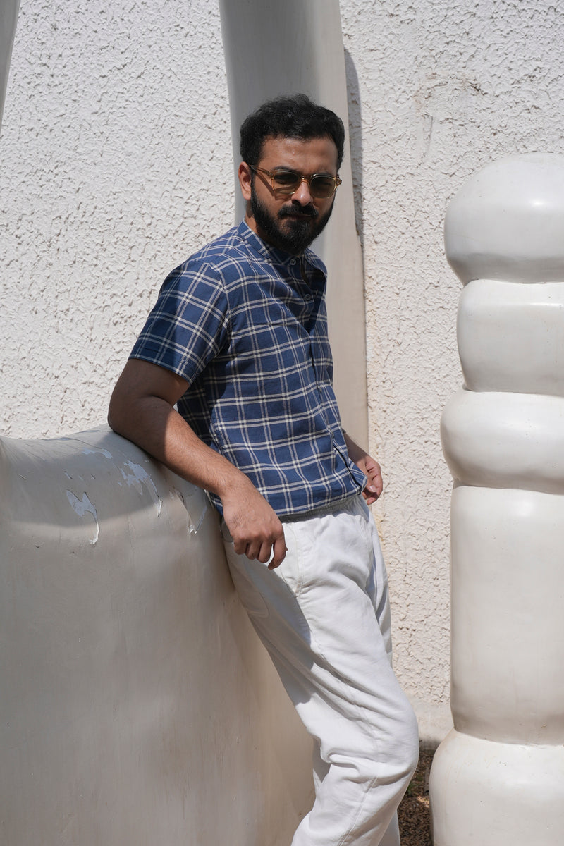 Koshi : Handwoven Cotton Blue checks Half-sleeve Shirt