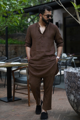 MOCHA : Brown Handwoven Cotton Kurta Set