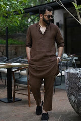 MOCHA : Brown Handwoven Cotton Kurta Set