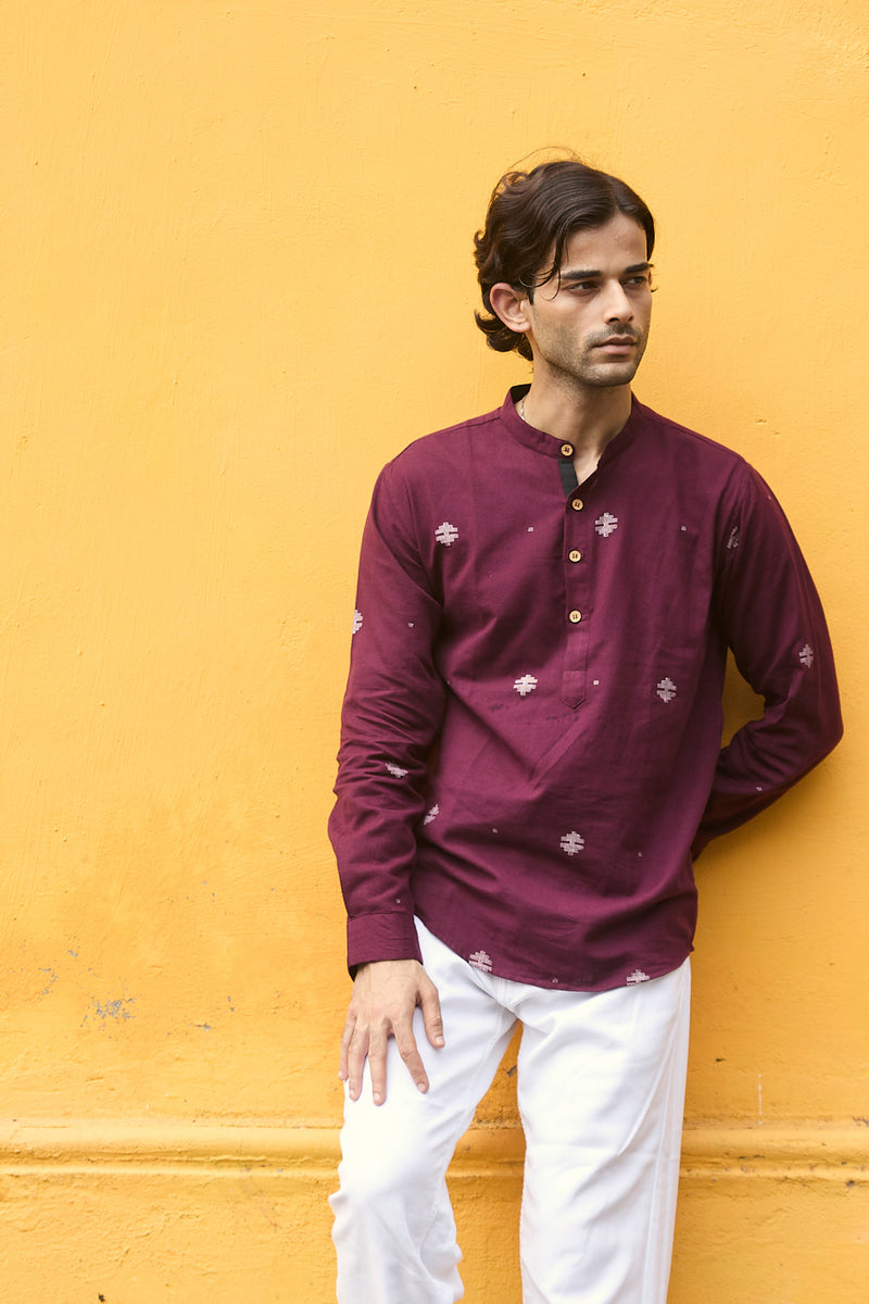 Dutha : Jamdani Deep Wine short kurta