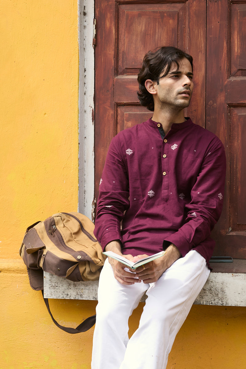 Dutha : Jamdani Deep Wine short kurta