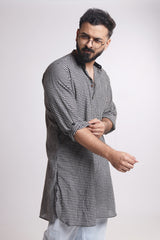 NIGHTFALL : Handwoven Cotton Black checks Mid-Length Kurta