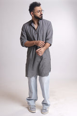 NIGHTFALL : Handwoven Cotton Black checks Mid-Length Kurta