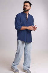NOVA : BLUE HANDWOVEN COTTON SHORT KURTA