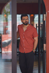 Rio : Handwoven Cotton Orange checks Half-Sleeves shirt