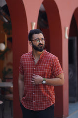 Rio : Handwoven Cotton Orange checks Half-Sleeves shirt