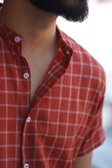 Rio : Handwoven Cotton Orange checks Half-Sleeves shirt