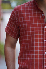 Rio : Handwoven Cotton Orange checks Half-Sleeves shirt