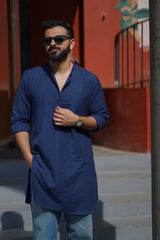 RIVER : Navy Blue Handwoven Cotton Kurta