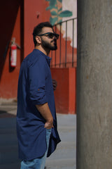 RIVER : Navy Blue Handwoven Cotton Kurta