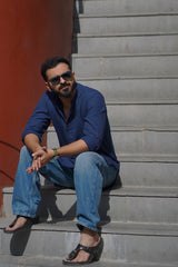 RIVER : Navy Blue Handwoven Cotton Kurta