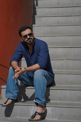 RIVER : Navy Blue Handwoven Cotton Kurta