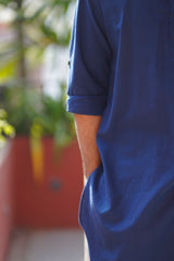 RIVER : Navy Blue Handwoven Cotton Kurta Set
