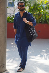 RIVER : Navy Blue Handwoven Cotton Kurta Set