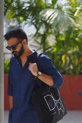 RIVER : Navy Blue Handwoven Cotton Kurta Set