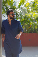 RIVER : Navy Blue Handwoven Cotton Kurta Set