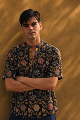 SEHER : Blockprint Half-Sleeve henley shirt