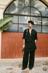 FLINT : Black Handwoven Cotton Kurta