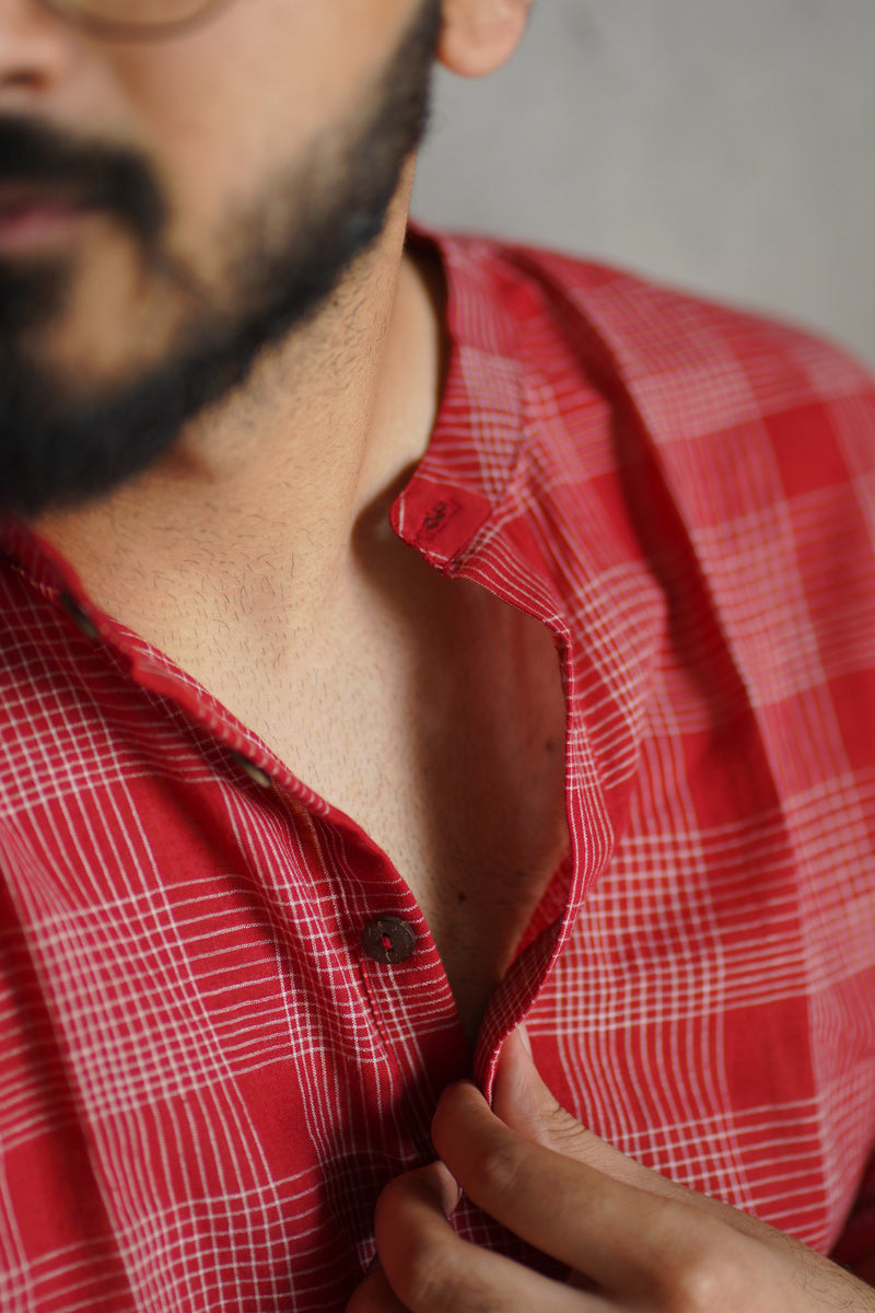 AUTUMN : Handwoven Cotton Red Mid-Length Kurta