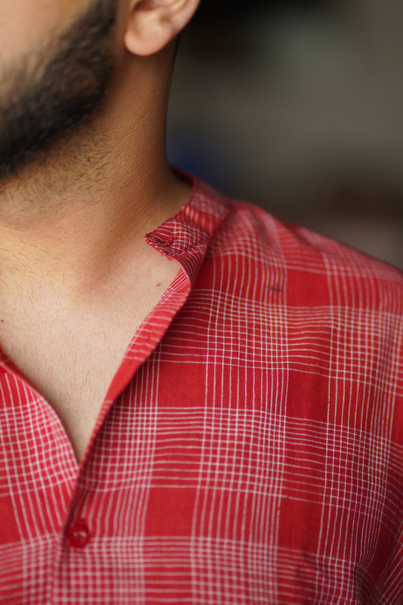 Red Half Sleeve Handwoven Cotton Shirt Indian Peacock