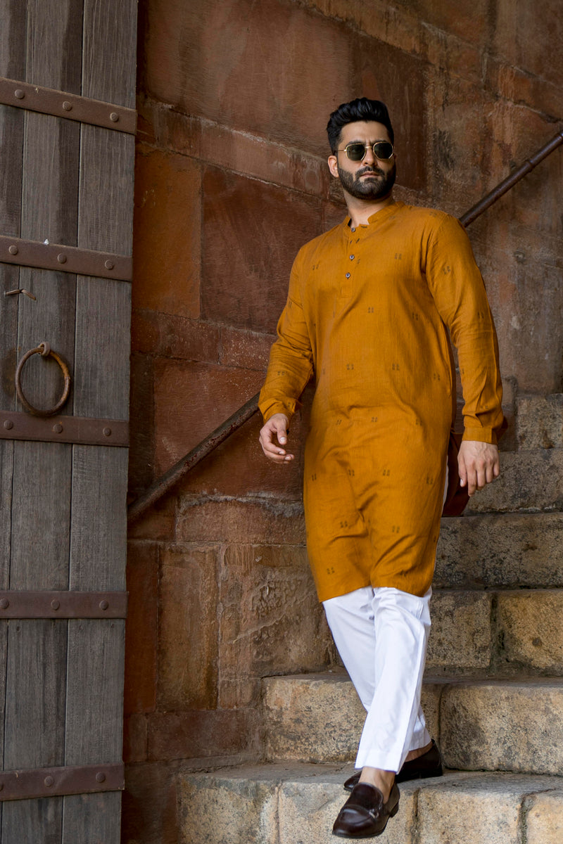 Bodhi : Jamdani Deep Mustard Knee-Length Kurta